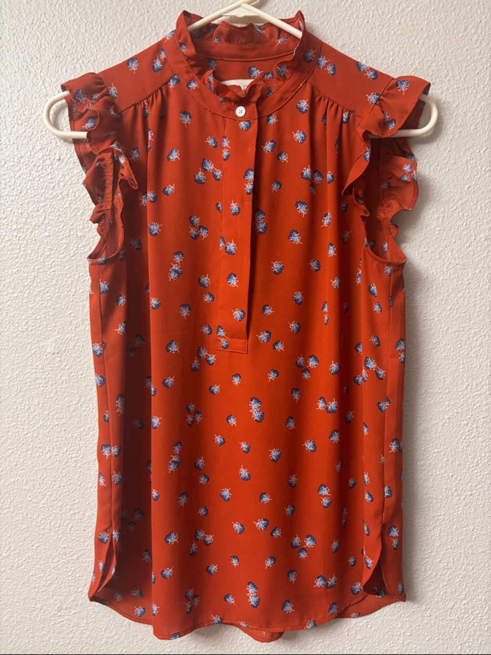 LOFT Rust Sleeveless Ruffle Neck Blouse with Blue Floral Print